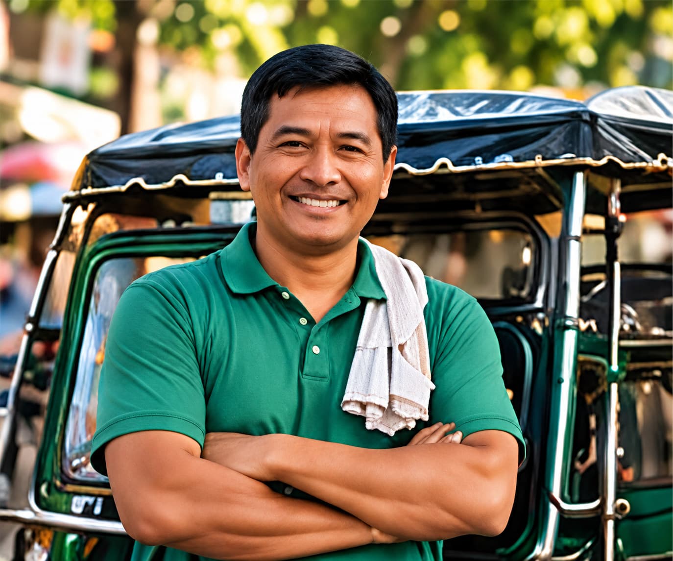 A smiling tricycle driver in a green polo stands with his arms crossed in front of his green tricycle.