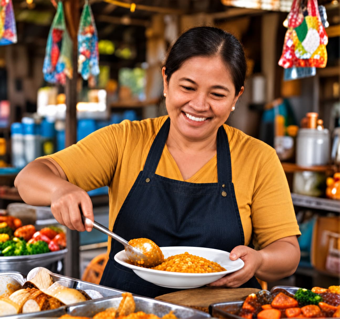 A smiling karinderya owner in a black apron serves a plate of food at her stall.