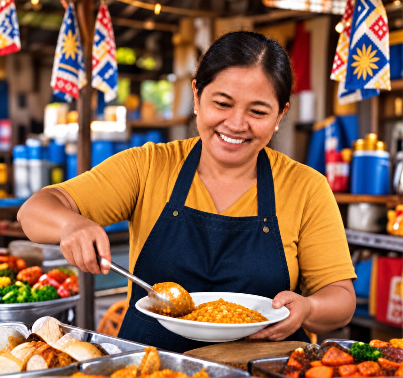 A smiling karinderya owner in a navy apron ladles a dish into a bowl at her stall, under woven bunting.