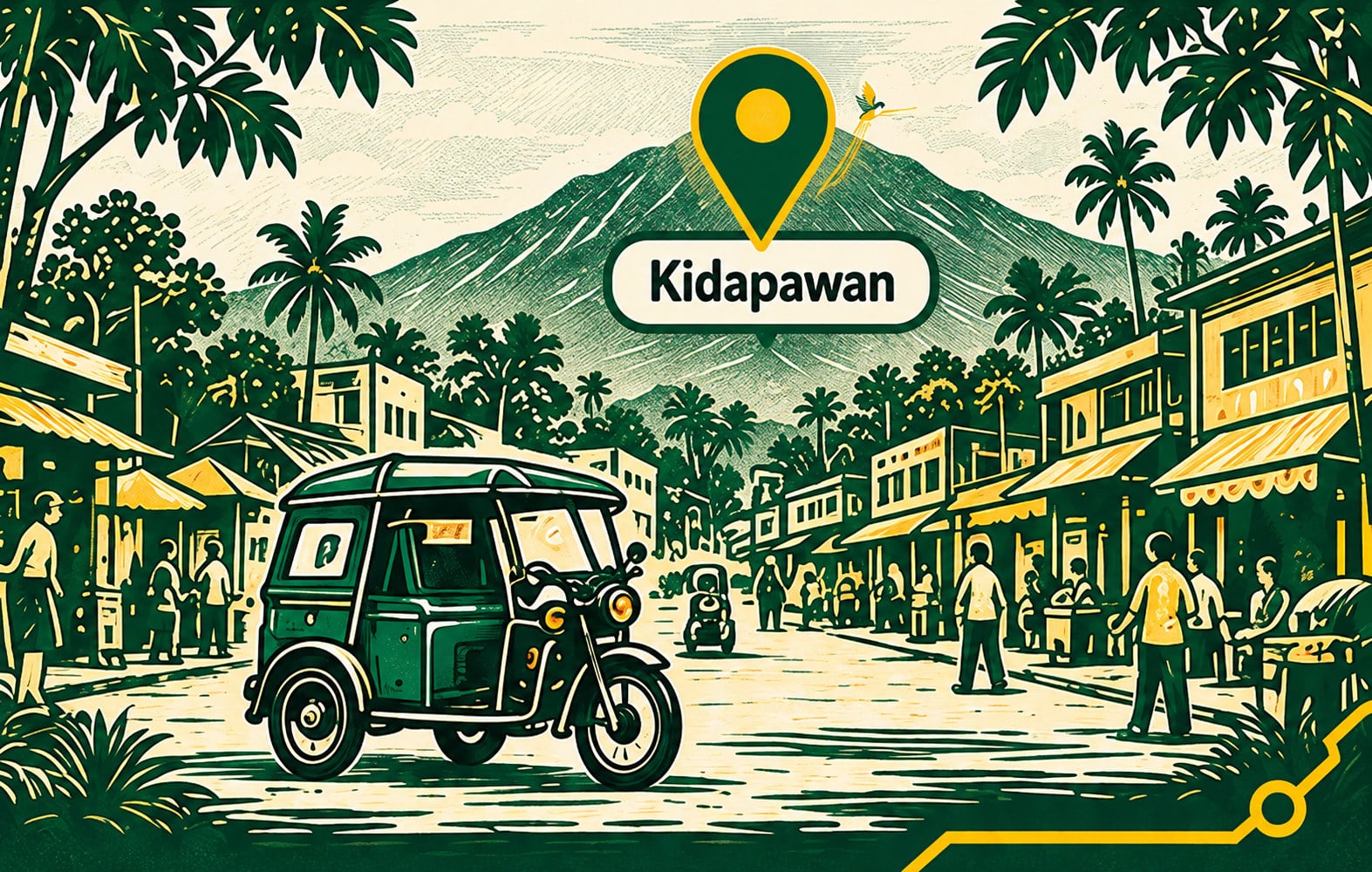 Woodcut-style illustration of a green tricycle on a busy main street in Kidapawan, with Mount Apo behind and a map pin over the town.