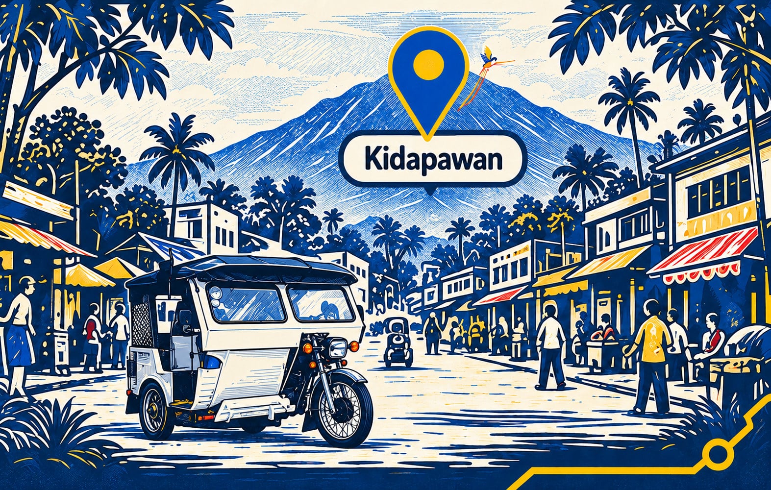 Illustration of Kidapawan City: a white tricycle on a busy main street lined with shops and palm trees, with Mount Apo behind and a map pin marked Kidapawan.